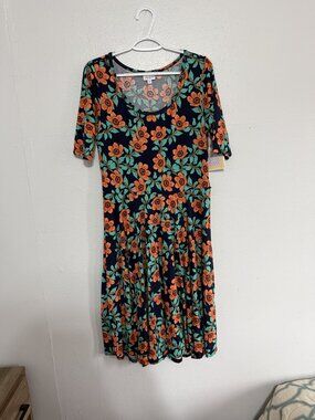NWT LuLaRoe Nicole Navy Orange Teal Floral Dress XL 💙